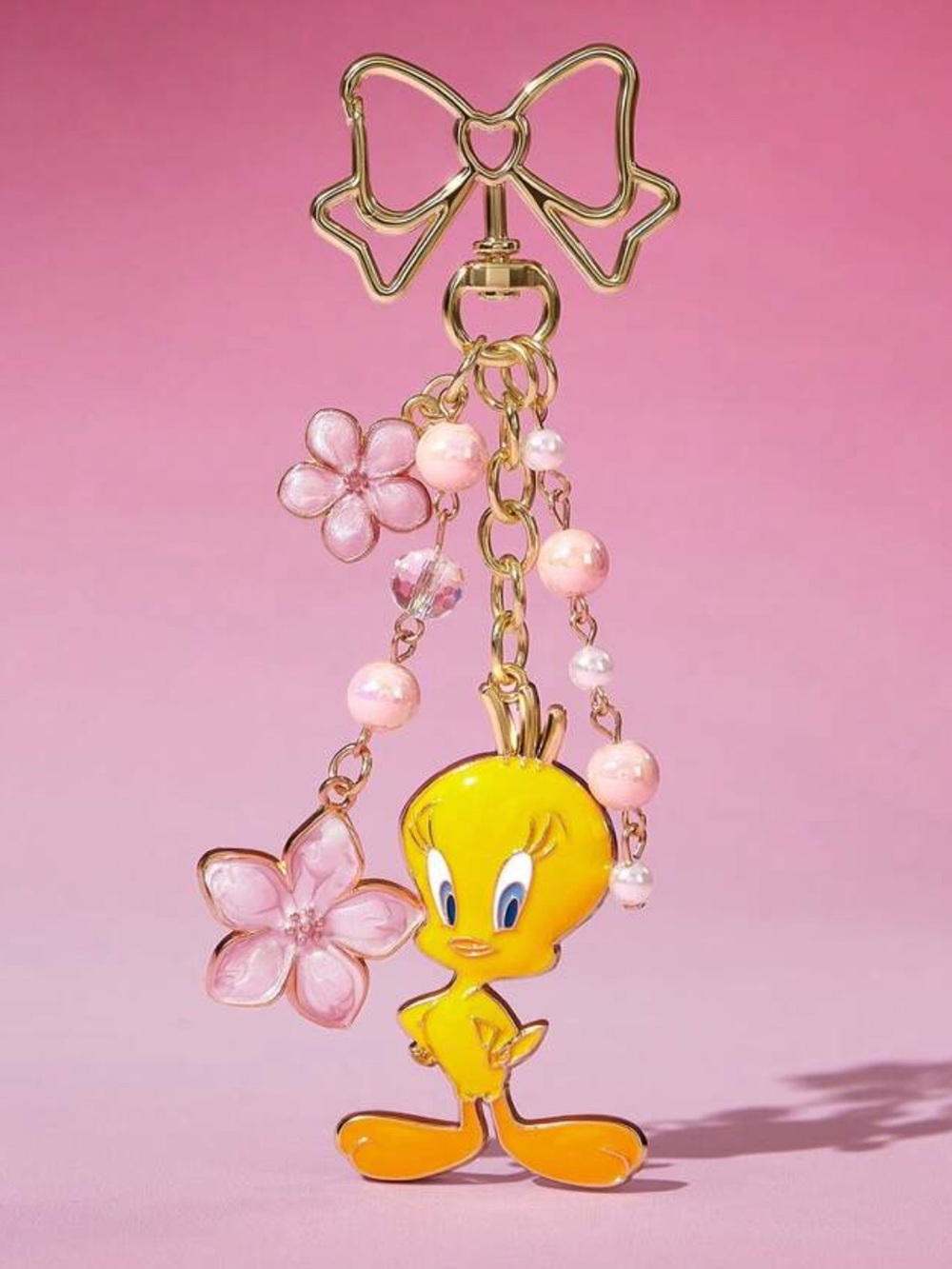 Tweety Bird Bow bag charm/Keychain with Pink Beads and Lilac Flowers
